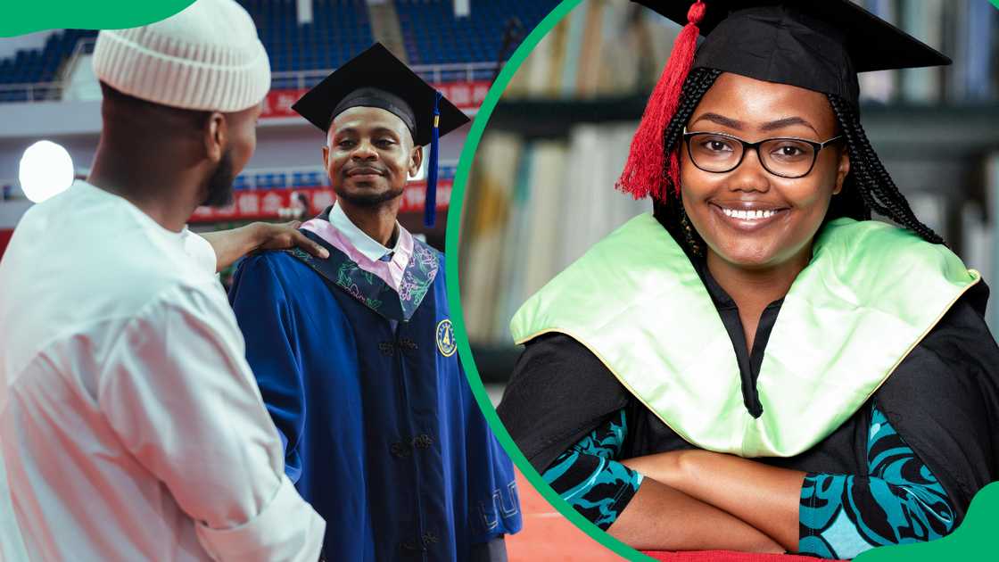 A male graduate being congratulated on his big day and a smiling female graduate smiling in an academic dress A male graduate being congratulated on his big day and a smiling female graduate smiling in an academic dress