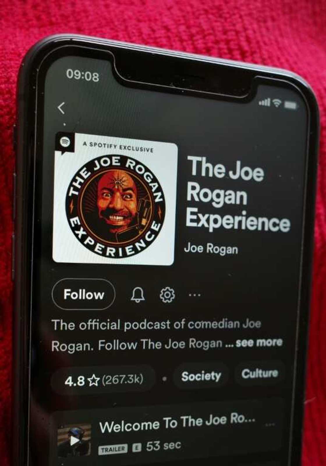 The Spotify page for "The Joe Rogan Experience" podcast displayed on a smart phone in Washington, DC on February 7, 2022 The Spotify page for "The Joe Rogan Experience" podcast displayed on a smart phone in Washington, DC on February 7, 2022
