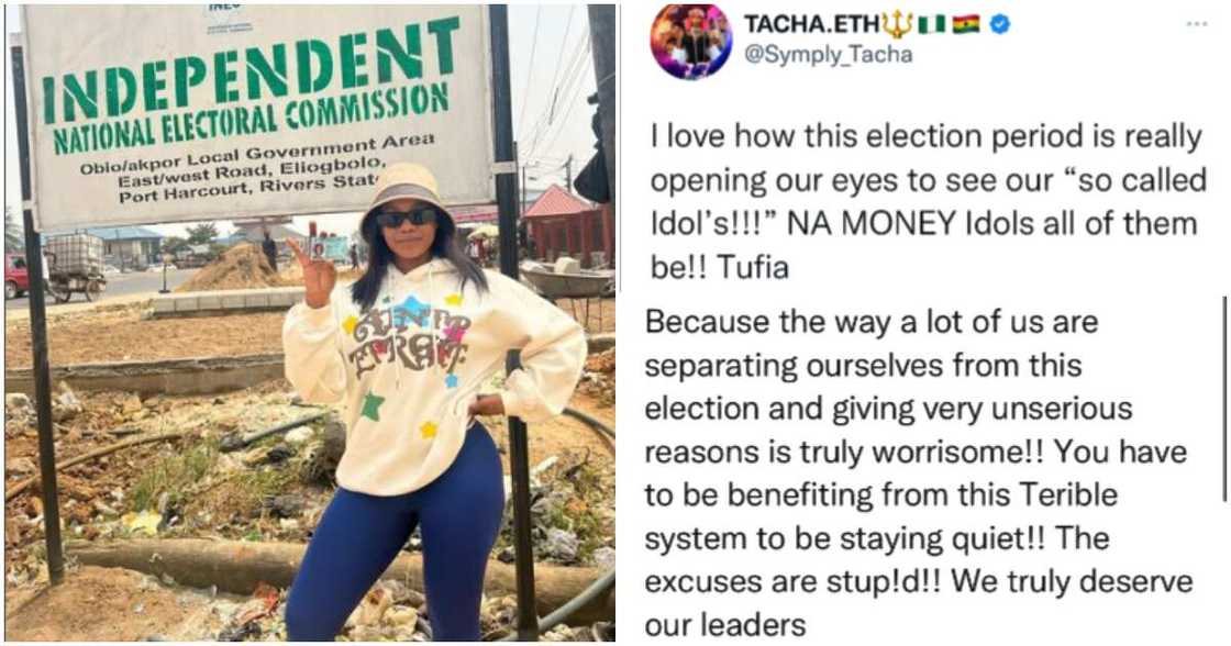 Tacha blasts celebs who are not vocal about presidential election. Tacha blasts celebs who are not vocal about presidential election.
