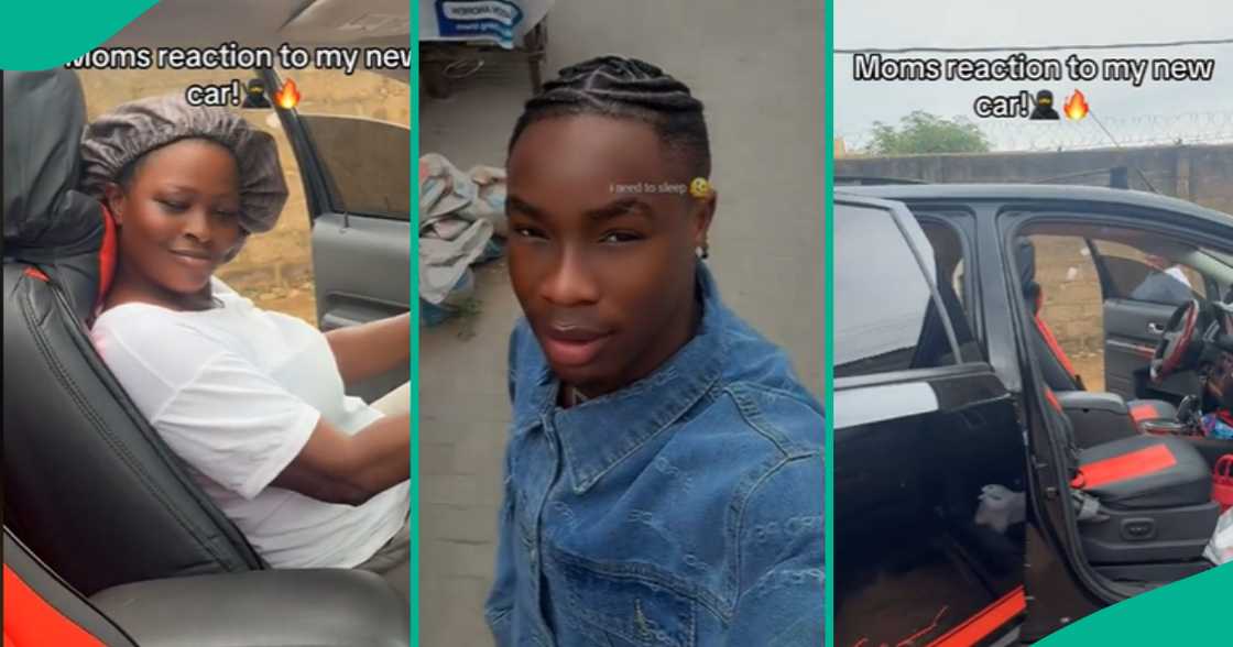 woman celebrates son's car woman celebrates son's car