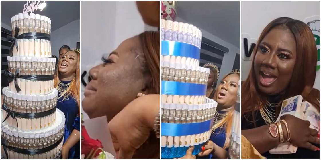 Adediwura Gold Bursts into Tears as Friend Surprises Her with Wads of Cash and Huge Money Cake on Her Birthday Adediwura Gold Bursts into Tears as Friend Surprises Her with Wads of Cash and Huge Money Cake on Her Birthday