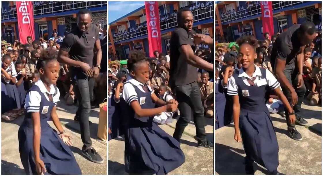 Talented black girl dances with Usain Bolt. Talented black girl dances with Usain Bolt.