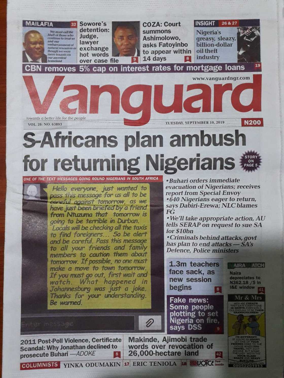 Nigerian newspaper review for September 3: Presidency orders evacuation of Nigerians in South Africa Nigerian newspaper review for September 3: Presidency orders evacuation of Nigerians in South Africa