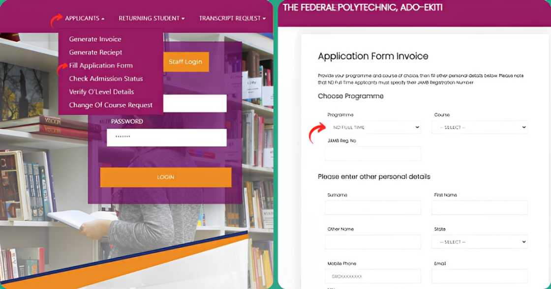 Screenshots of the Federal Polytechnic Ado Ekiti ND programmes application process. Screenshots of the Federal Polytechnic Ado Ekiti ND programmes application process.