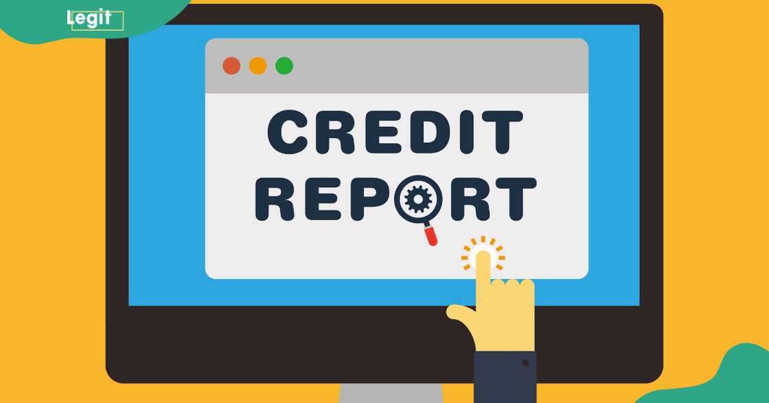 A hand points at a computer monitor displaying the words credit report. A hand points at a computer monitor displaying the words credit report.