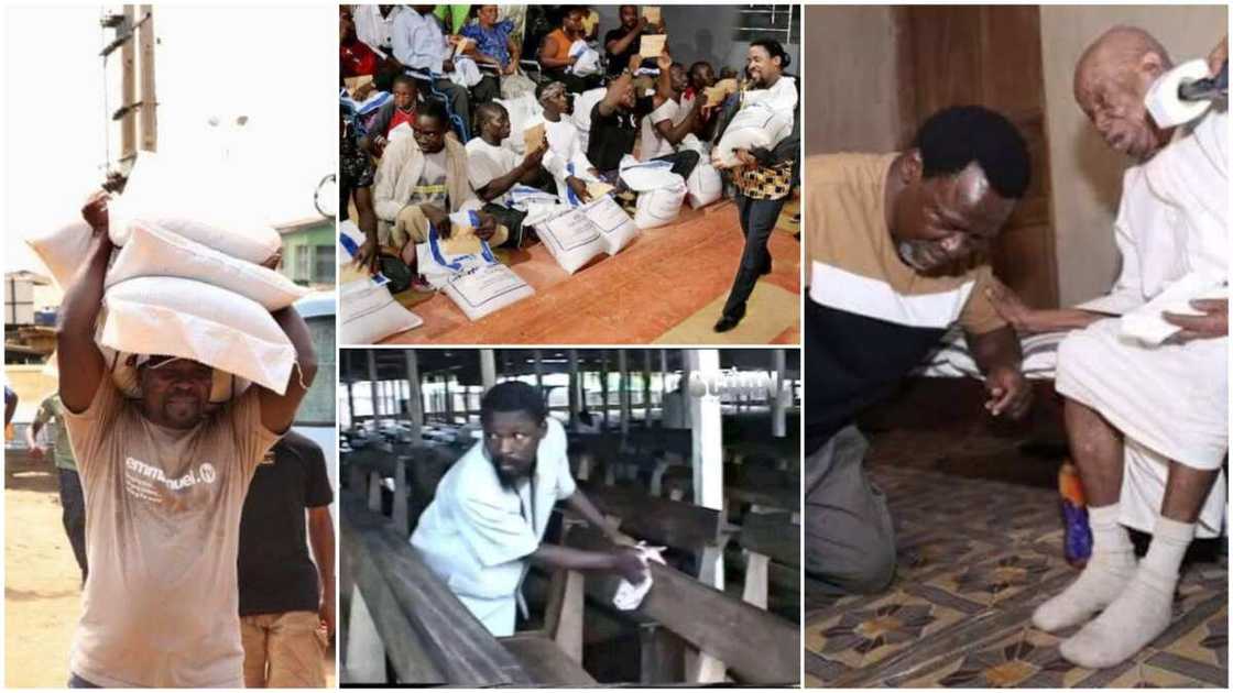 Throwback Photos of TB Joshua Capture Moments He Shared Bags of Food to Poor People, Clean Church Chairs