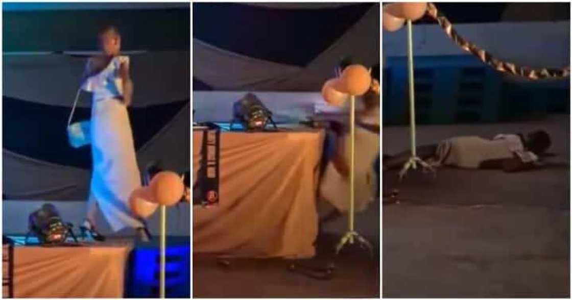 Model falls off stage. Model falls off stage.