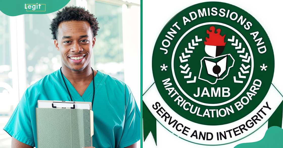A nursing student holds books and a clip board and the JAMB logo.