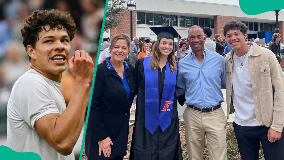 Ben Shelton at The All England Lawn Tennis and Croquet Club in Wimbledon, southwest London (L). Ben's family at his sister's graduation