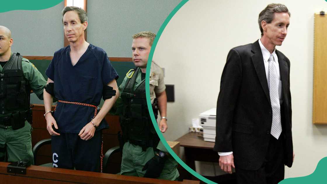 Warren Jeffs is held by two Las Vegas Metropolitan Police Department SWAT officers during his extradition hearing and he is flanked by police as he enters the courtroom for his preliminary hearing