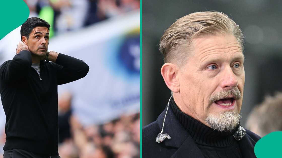 Mikel Arteta, Peter Schmeichel, Arsenal. Mikel Arteta, Peter Schmeichel, Arsenal.