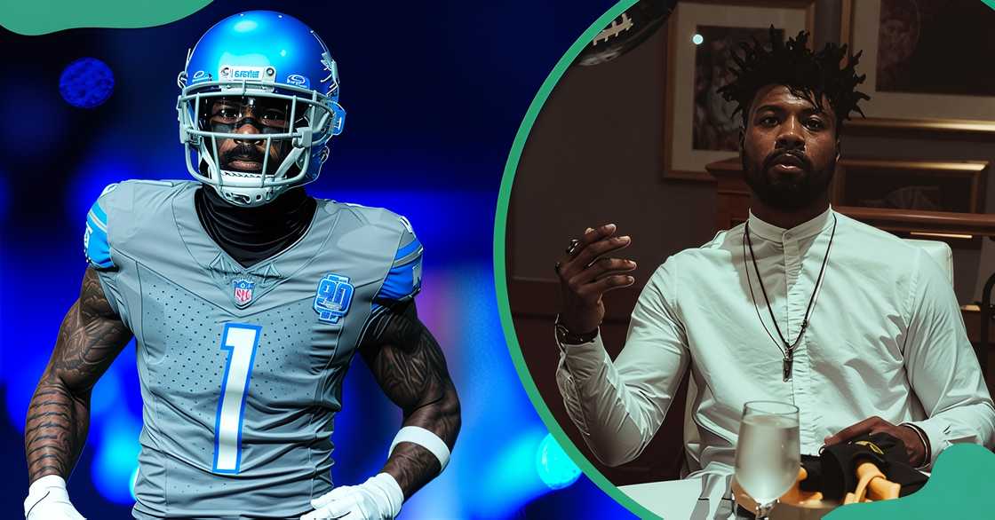 Detroit Lions' Cameron Sutton runs out of the tunnel before an NFL game (L). The football player poses throwing a football. (R)