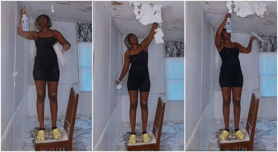 Photos of a lady renovating her room by herself. Photos of a lady renovating her room by herself.