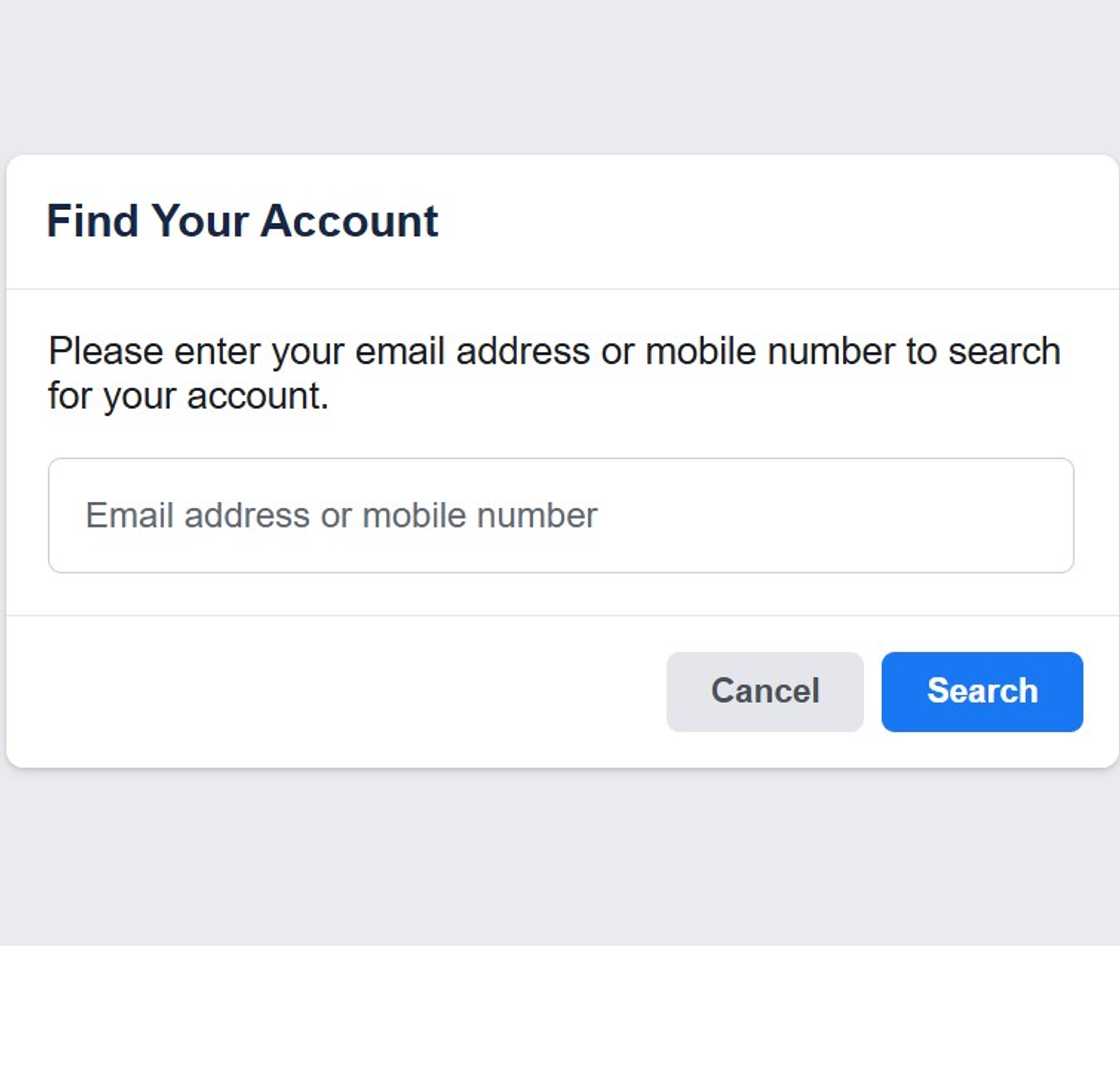 A screenshot of the Facebook forget password page A screenshot of the Facebook forget password page