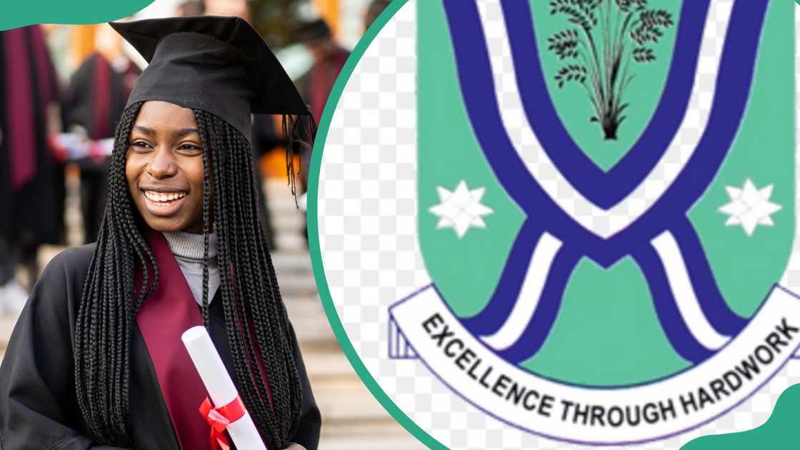 A student celebrating her graduation (L). Ebonyi State University logo (R) A student celebrating her graduation (L). Ebonyi State University logo (R)