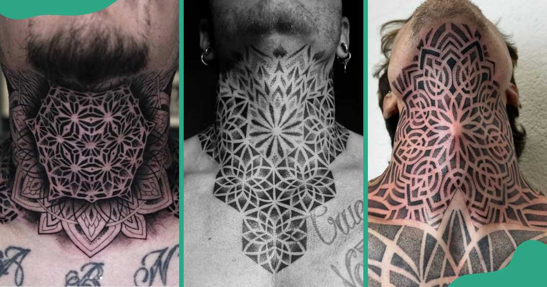 Throat tattoos with different mandala designs.