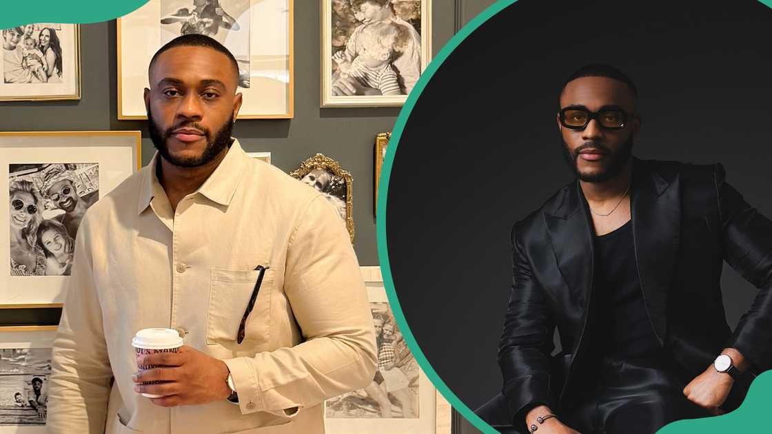 Kola holding a paper coffee cup in his left hand (L). The softwarer analyst dressed in a stylish black satin suit (R) Kola holding a paper coffee cup in his left hand (L). The softwarer analyst dressed in a stylish black satin suit (R)