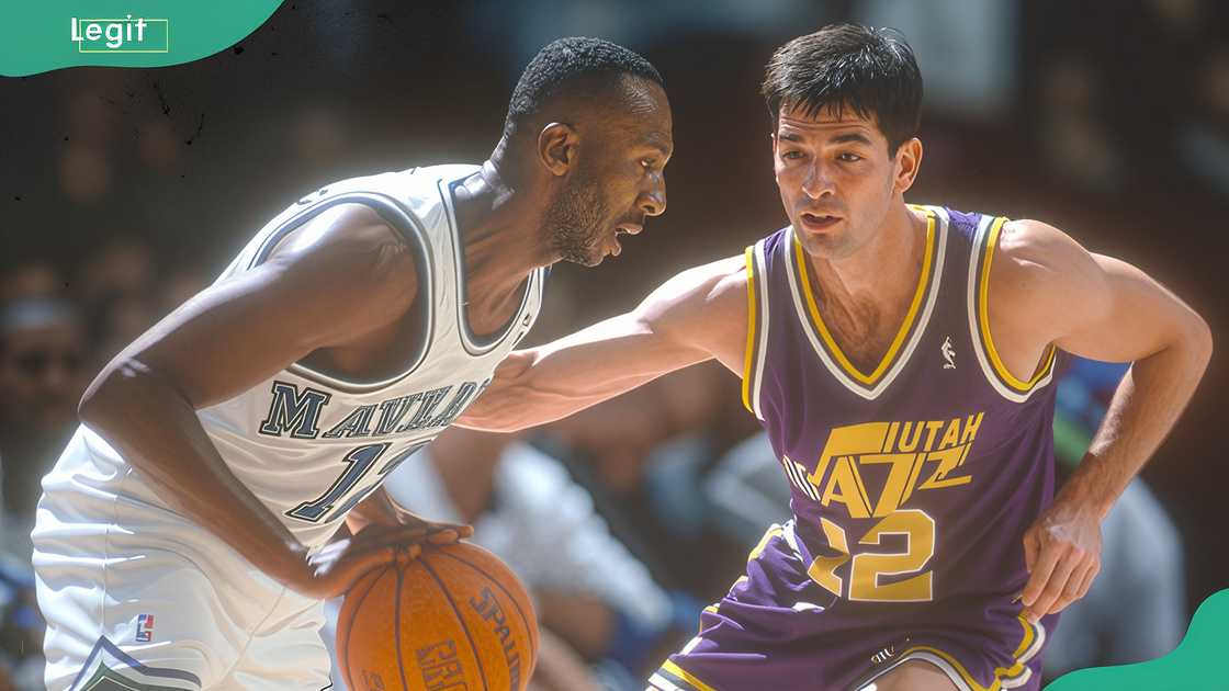 Derek Harper #12 of the Dallas Mavericks drives on John Stockton #12 of the Utah Jazz at Reunion Arena in Dallas, Texas. Stockton played for the Jazz from 1984-03 Derek Harper #12 of the Dallas Mavericks drives on John Stockton #12 of the Utah Jazz at Reunion Arena in Dallas, Texas. Stockton played for the Jazz from 1984-03