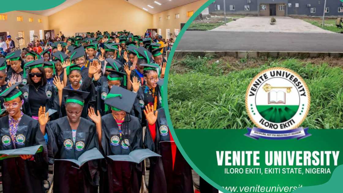 Venite University graduating students (L). The Venite University logo (R)