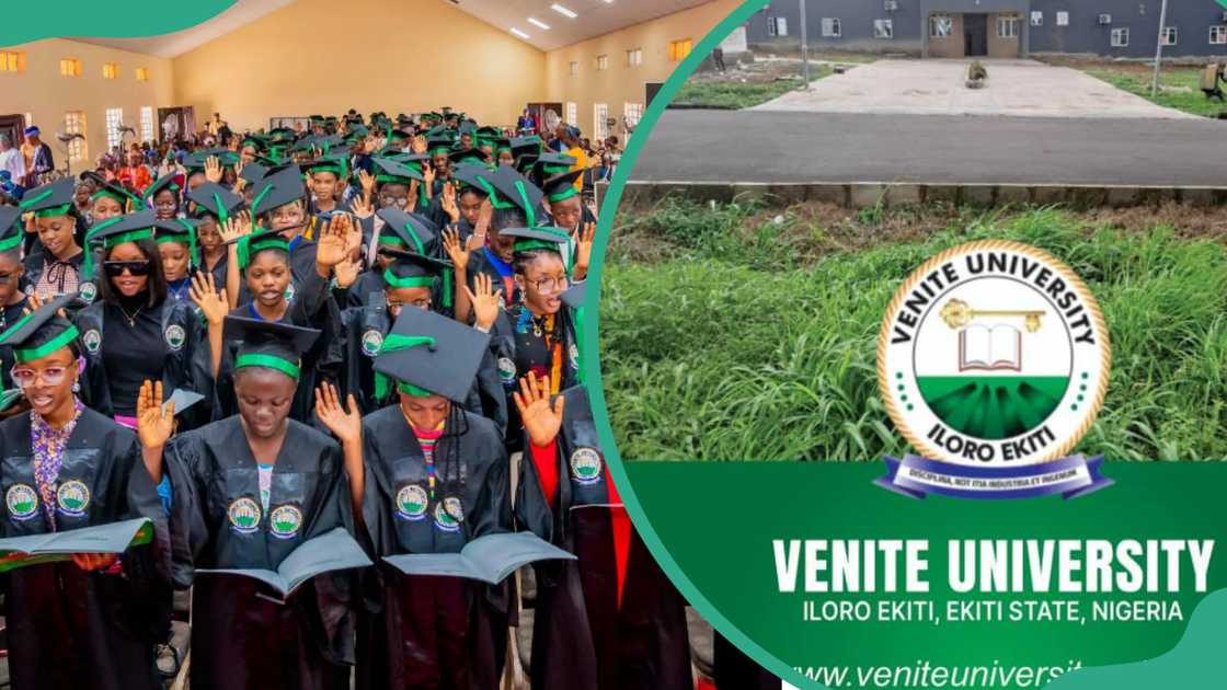 Venite University graduating students (L). The Venite University logo (R) Venite University graduating students (L). The Venite University logo (R)
