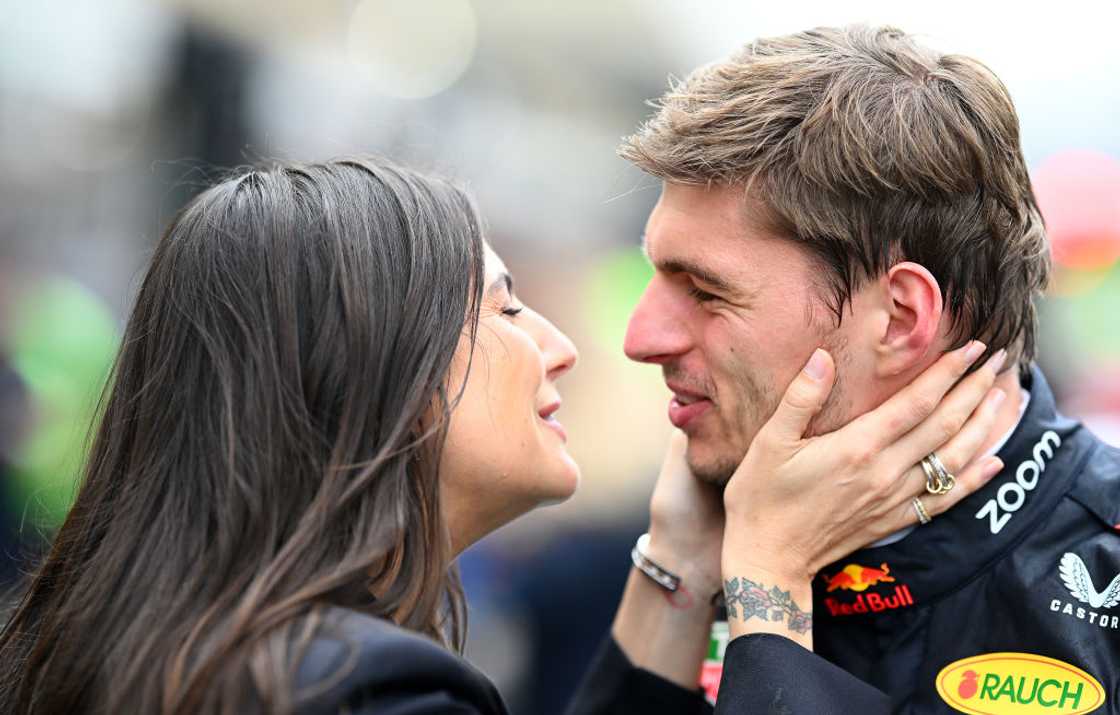 Max Verstappen celebrates with Kelly Piquet at Autodromo Jose Carlos Pace in Sao Paulo, Brazil. Max Verstappen celebrates with Kelly Piquet at Autodromo Jose Carlos Pace in Sao Paulo, Brazil.