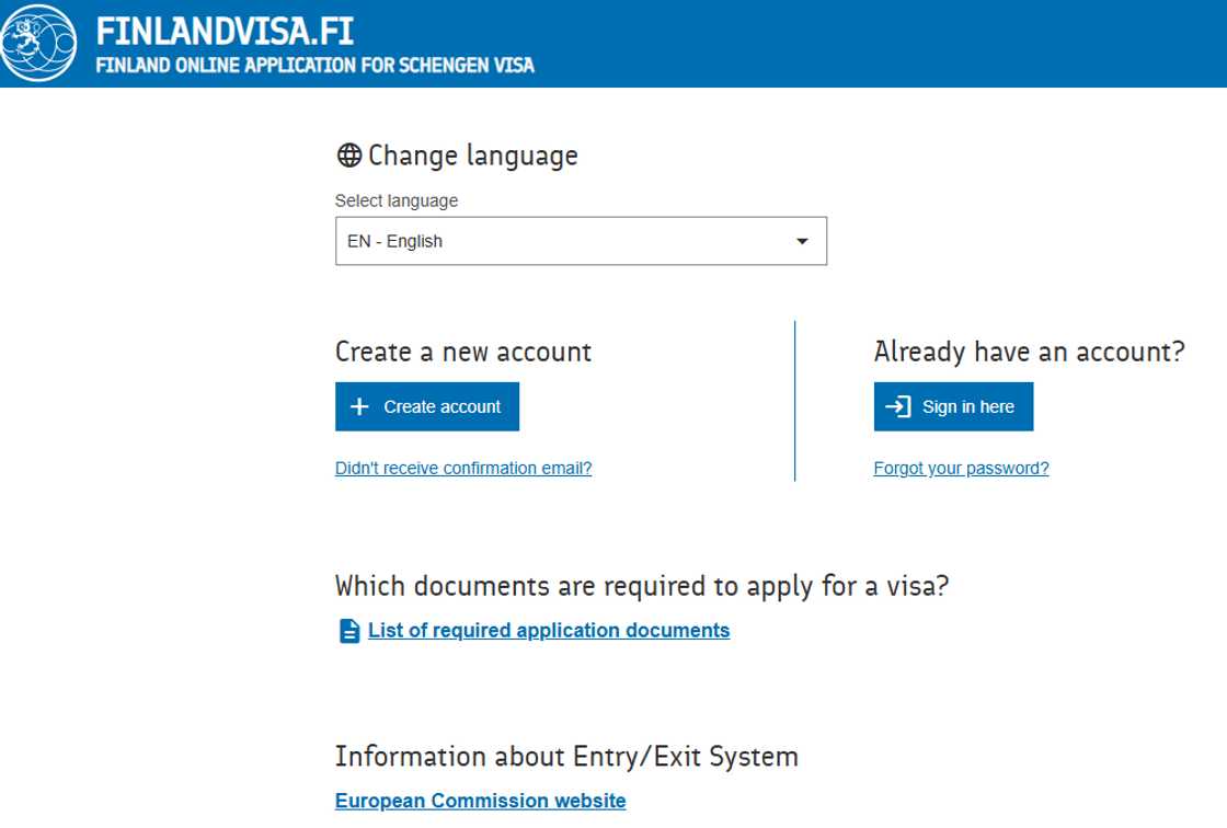 Finland visa application portal page.