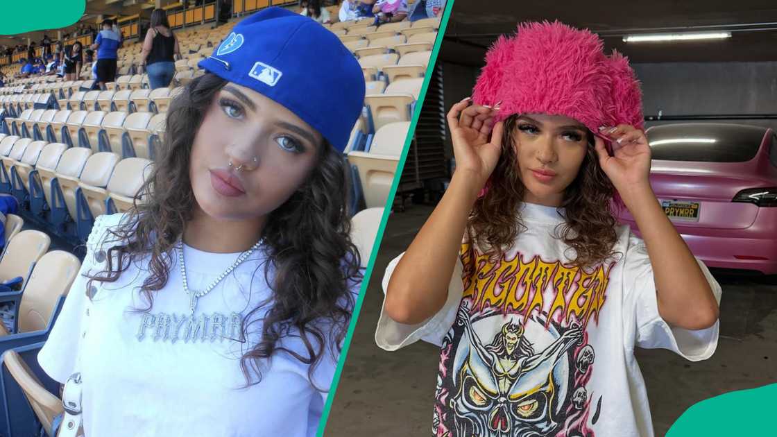 Prymrr poses in white tees in blue and pink headgear