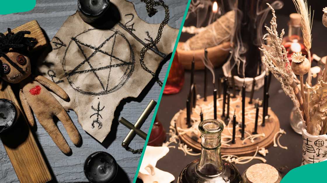 Female voodoo doll with heart and ceremonial items on grey wooden table, flat lay. Alchemy and esoteric symbol items for magic cult. Female voodoo doll with heart and ceremonial items on grey wooden table, flat lay. Alchemy and esoteric symbol items for magic cult.