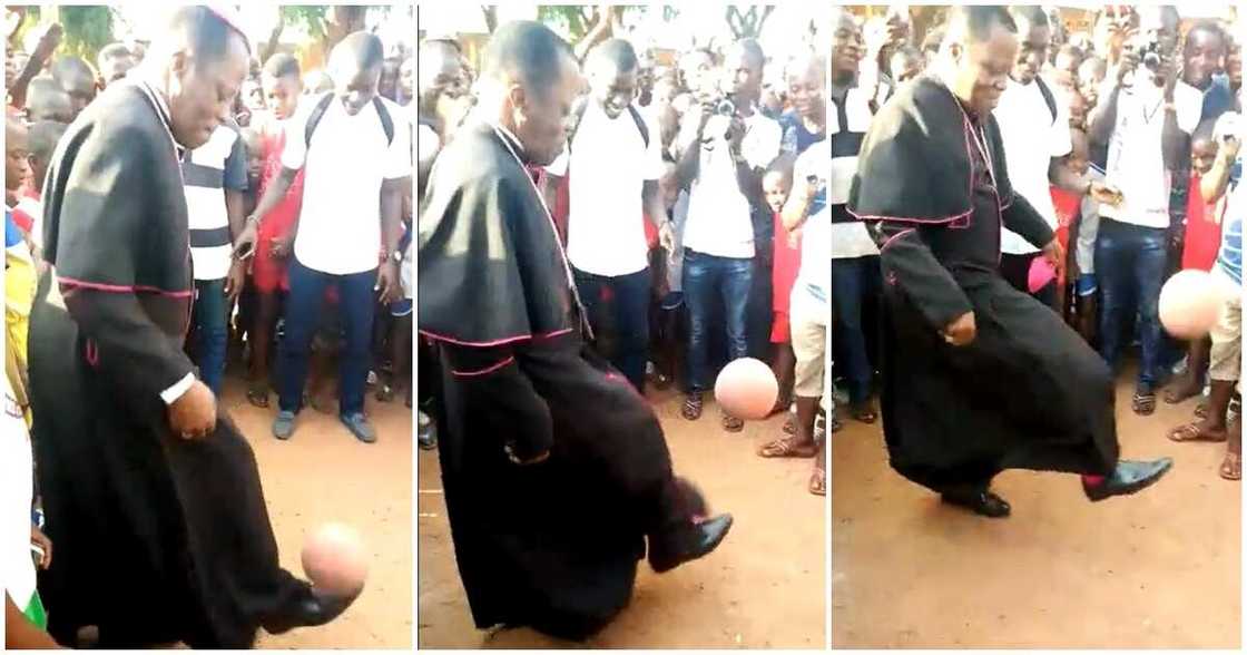 Photos showing a bishop playing football. Photos showing a bishop playing football.