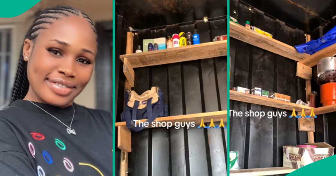 Lady displays the goods stocked inside her new provision shop.