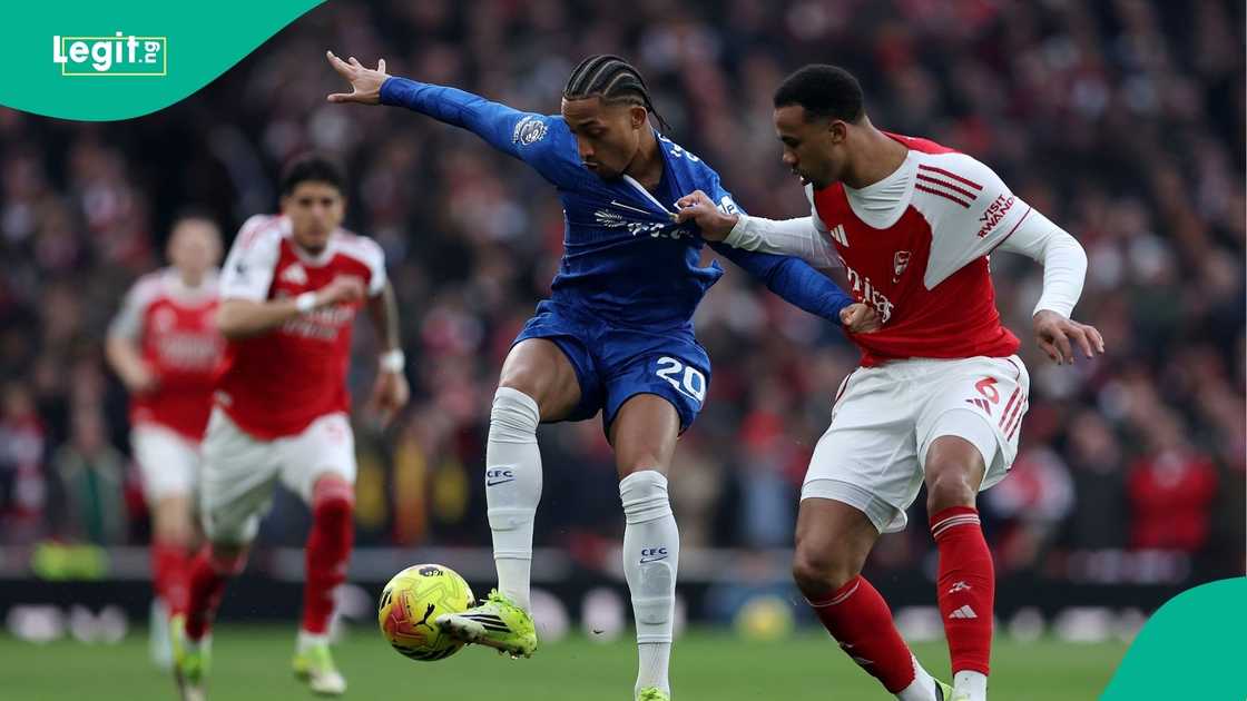 Joao Pedro, Gabriel, Premier League, Arsenal, Chelsea, Emirates Stadium, London, England. Joao Pedro, Gabriel, Premier League, Arsenal, Chelsea, Emirates Stadium, London, England.
