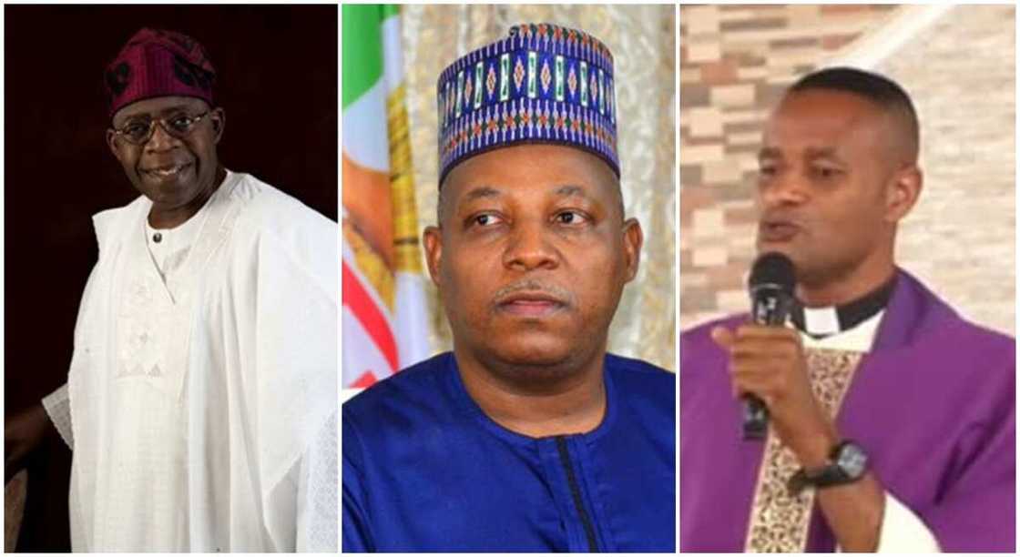 Bola Tinubu, Kashim Shettima, and Reverend Father Oluoma. Bola Tinubu, Kashim Shettima, and Reverend Father Oluoma.
