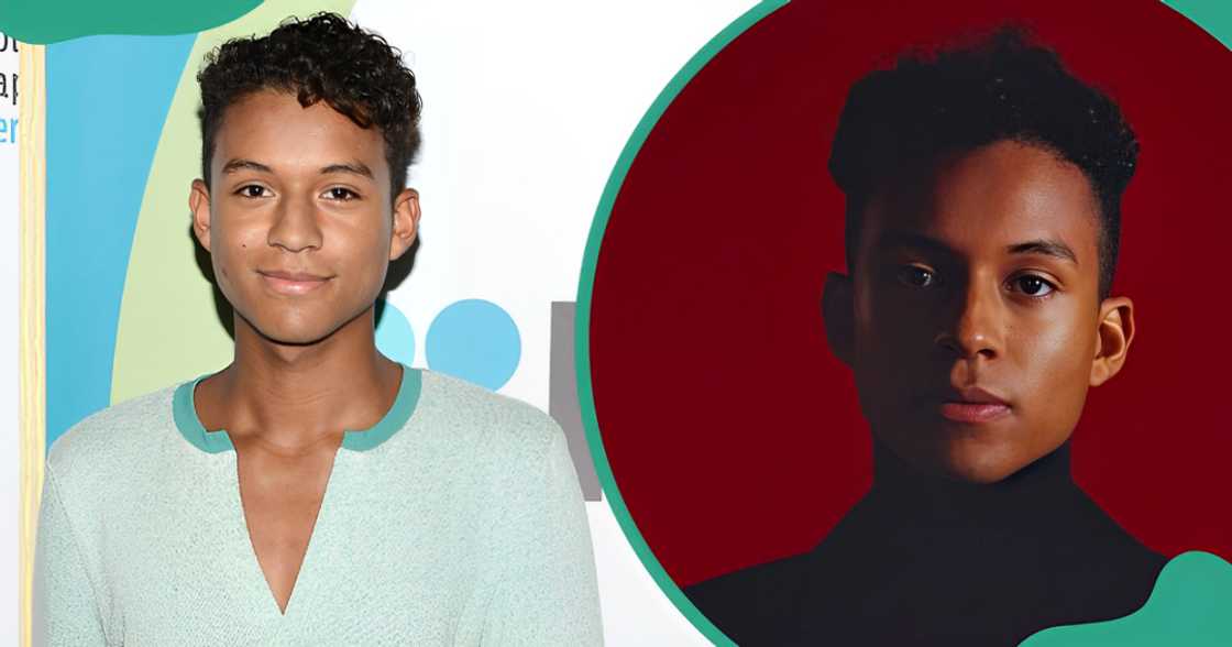 Jaafar Jackson poses at the Reelz Channel's Living With The Jacksons panel (L). The entertainer poses against a red background (R). Jaafar Jackson poses at the Reelz Channel's Living With The Jacksons panel (L). The entertainer poses against a red background (R).