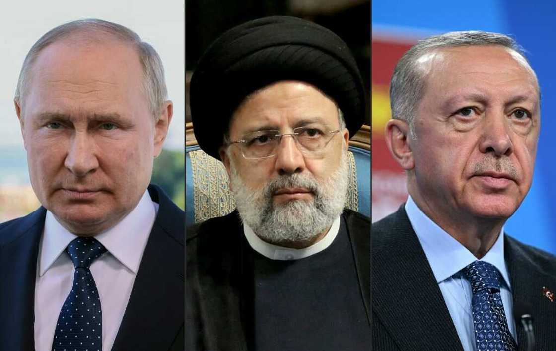 Russian President Vladimir Putin (L), Iranian President Ebrahim Raisi (C) and Turkish President Recep Tayyip Erdogan are due to meet in Tehran on Tuesday Russian President Vladimir Putin (L), Iranian President Ebrahim Raisi (C) and Turkish President Recep Tayyip Erdogan are due to meet in Tehran on Tuesday