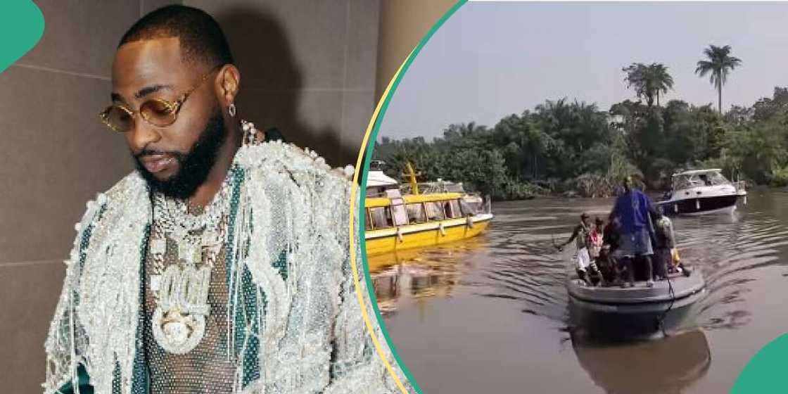 Davido travels in boat for Gbaramatu carnival in Delta state.