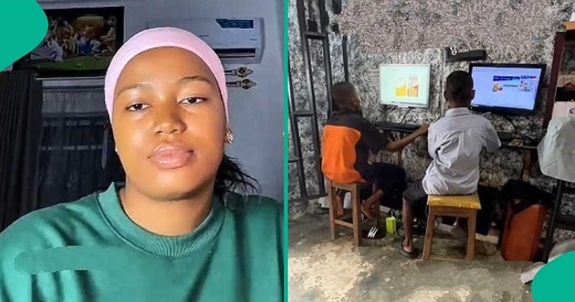 Lady who entered a computer shop praises the skills of three young boys. Lady who entered a computer shop praises the skills of three young boys.