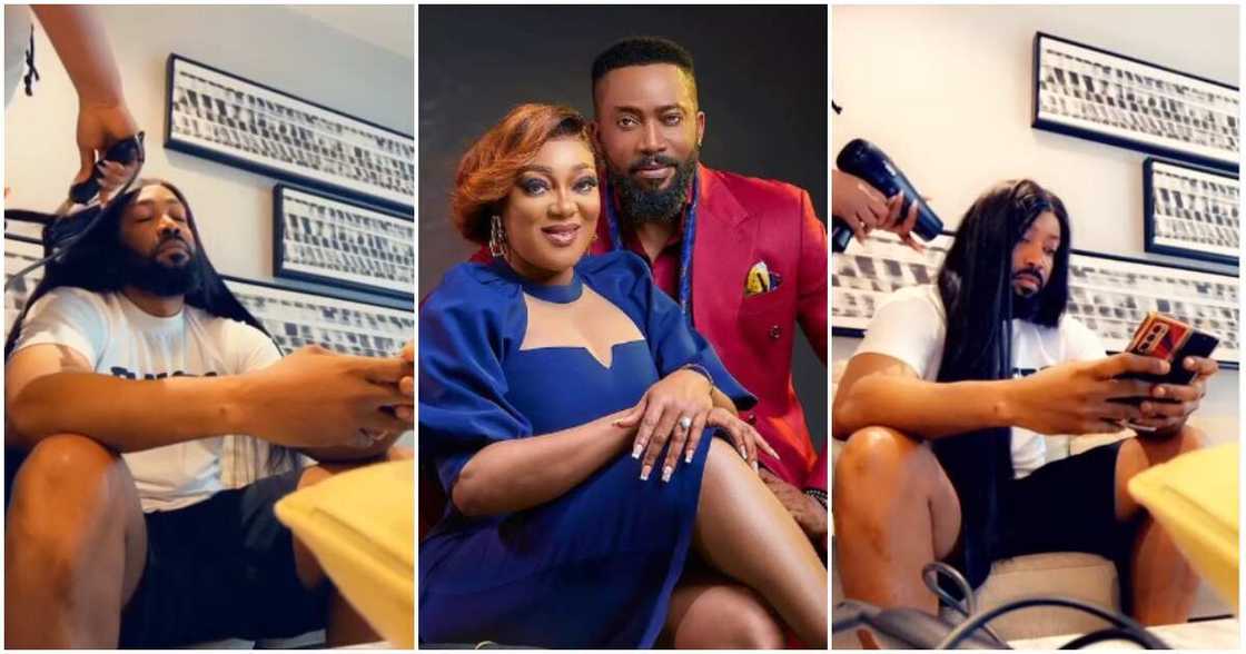 Frederick Leonard allows wife Peggy Ovire use him as wig mannequin. Frederick Leonard allows wife Peggy Ovire use him as wig mannequin.