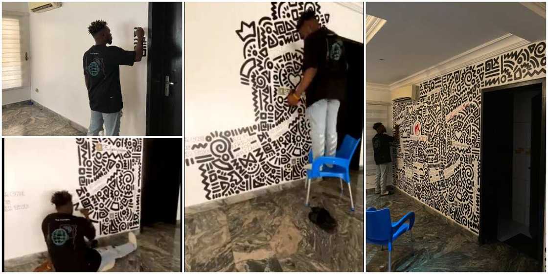 Nigerian man makes amazing wall painting with brush like wallpaper, photos of his work cause massive stir Nigerian man makes amazing wall painting with brush like wallpaper, photos of his work cause massive stir