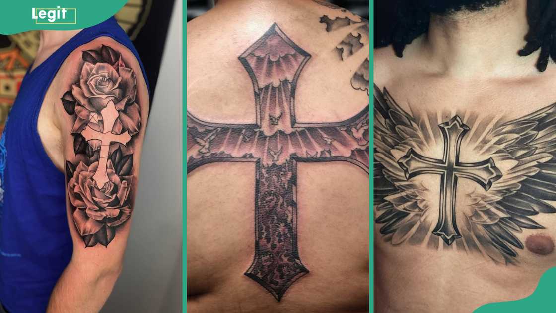Rose and cross (L), Iron cross (C) and Angel wings cross (R) tattoos Rose and cross (L), Iron cross (C) and Angel wings cross (R) tattoos