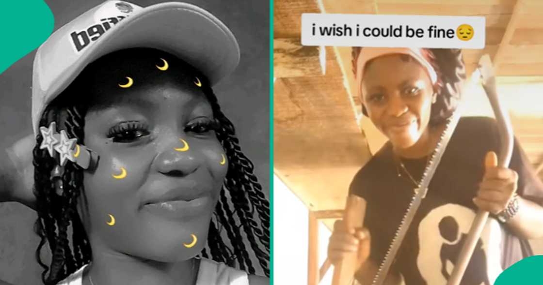 Lady shows off herself working at an uncompleted building as a carpenter.