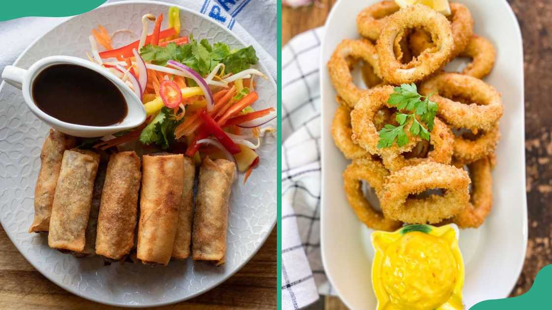 Duck rolls with salad and gravy (L). A platter of Calamari with dipping sauce (R) Duck rolls with salad and gravy (L). A platter of Calamari with dipping sauce (R)