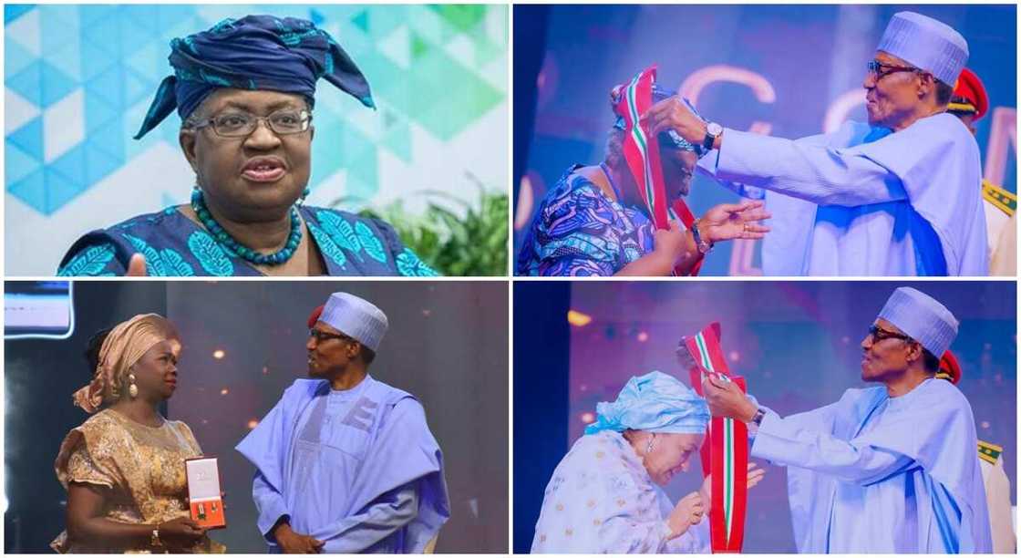 Okonjo-Iweala, Abike Dabiri Erewa and Dr Amina Muhammed recieved National Honours from president Buhari. Okonjo-Iweala, Abike Dabiri Erewa and Dr Amina Muhammed recieved National Honours from president Buhari.