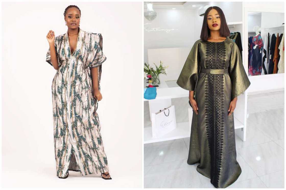 Ladies showcasing different designs of damask kaftan gown