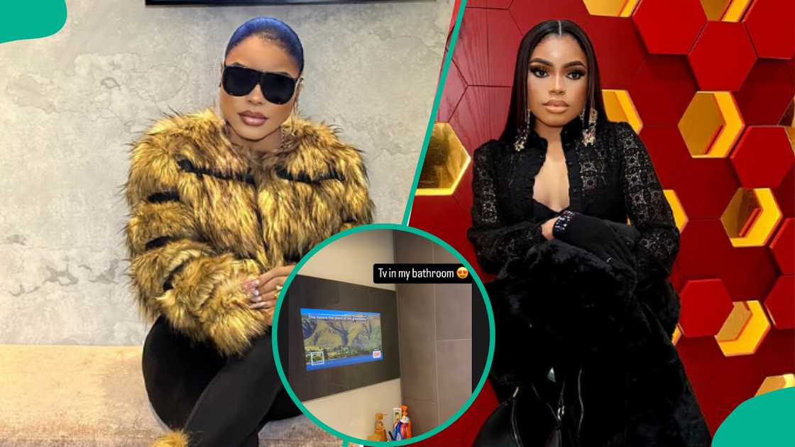 Bobrisky shows off television inside his toilet.