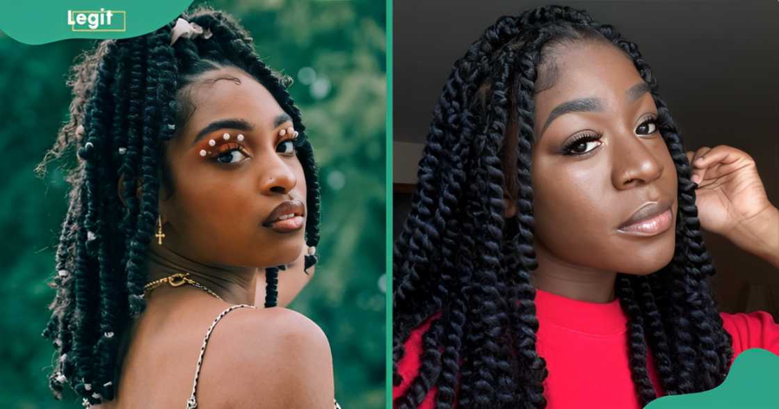 Two women show off their shoulder length passion twists. Two women show off their shoulder length passion twists.