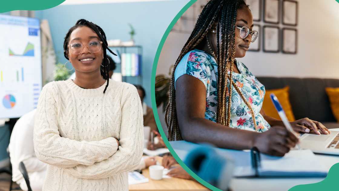A lady standing in an office and another writing in a book A lady standing in an office and another writing in a book