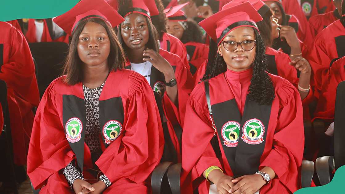 The University of Africa, Toru-Orua students in red graduation gowns. The University of Africa, Toru-Orua students in red graduation gowns.