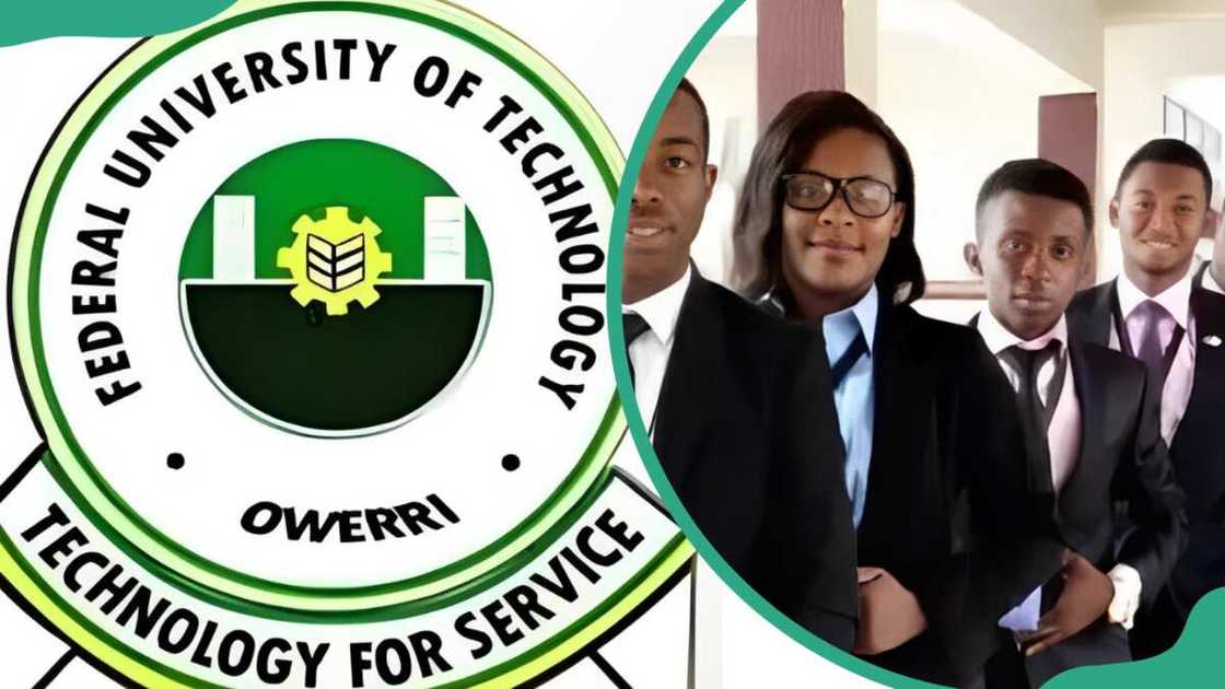 Federal University of Technology Owerri Logo (L). FUTO university students standing in the university building (R) Federal University of Technology Owerri Logo (L). FUTO university students standing in the university building (R)