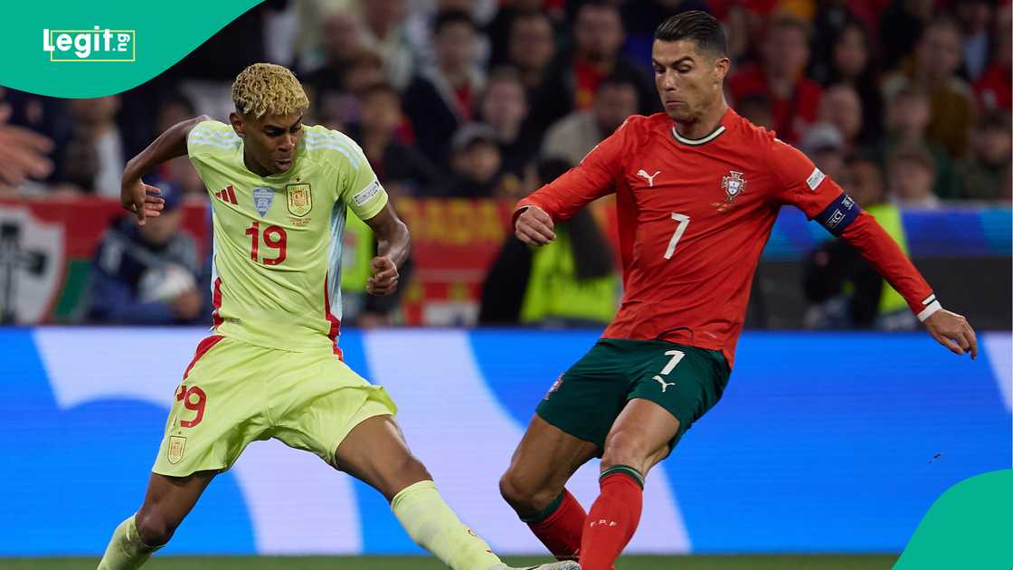 Lamine Yamal, Cristiano Ronaldo, Portugal, Spain, Allianz Arena, Munich, Germany, UEFA Nations League Lamine Yamal, Cristiano Ronaldo, Portugal, Spain, Allianz Arena, Munich, Germany, UEFA Nations League