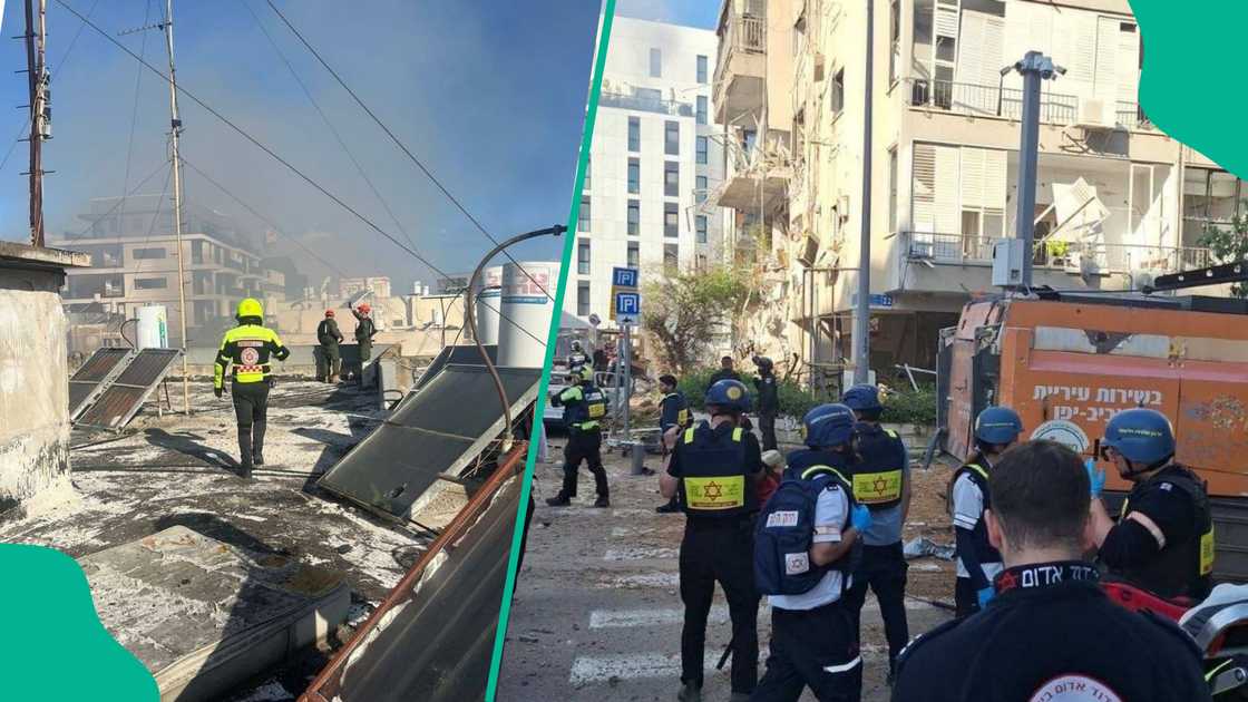 Tel Aviv cityscape showing areas heavily damaged after Iranian missiles struck, with several buildings partially or completely destroyed, as reported by local authorities.